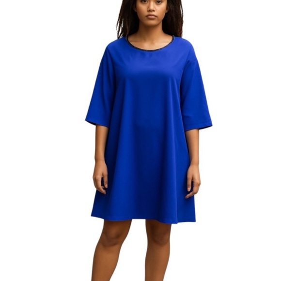 ECI Electric Blue Faux Leather Trim Back Cutout Shift Dress - Picture 1 of 8